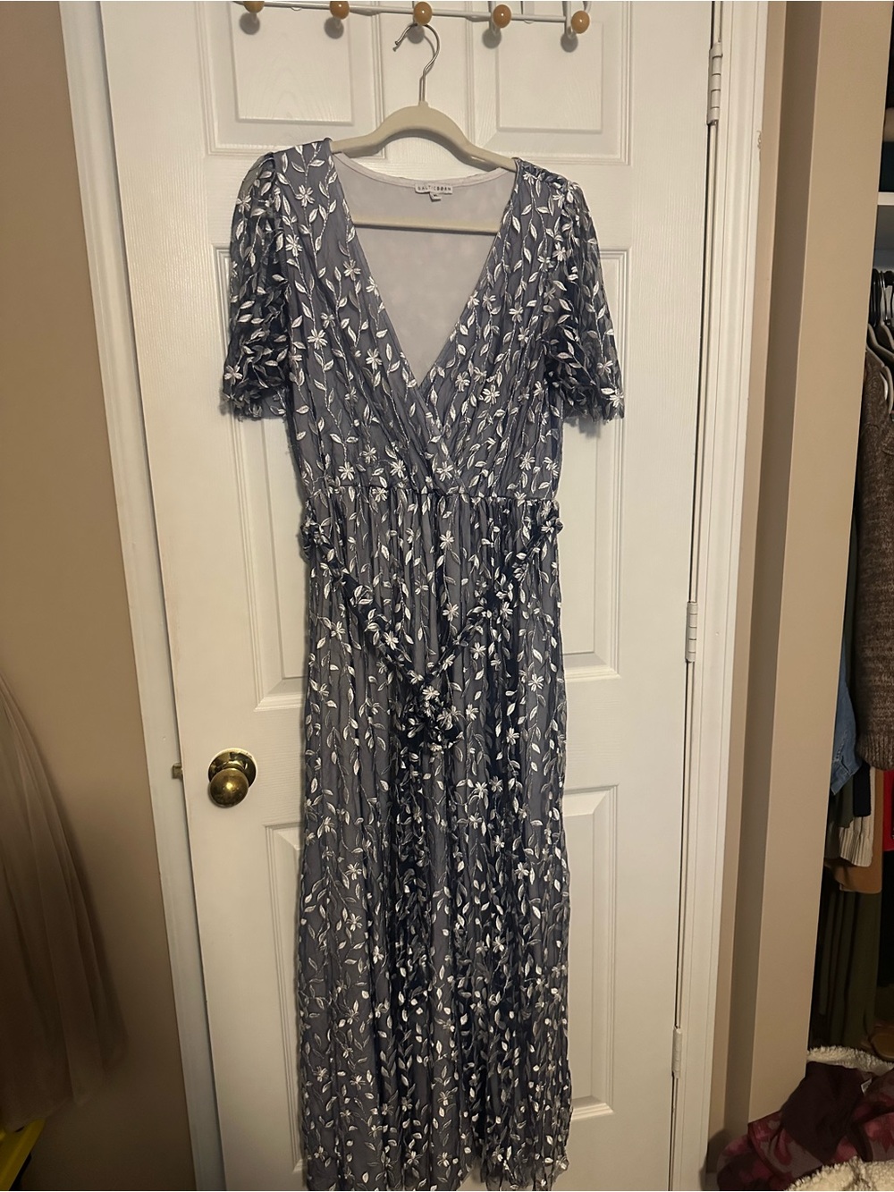 Baltic Born Gray Maxi Dress with White Floral Embroidery